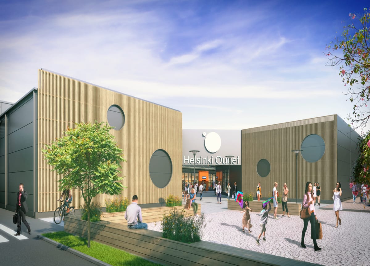Havainnekuva Helsingin ja Vantaan rajalle nousevasta Helsinki Outlet -liikekeskittymästä.