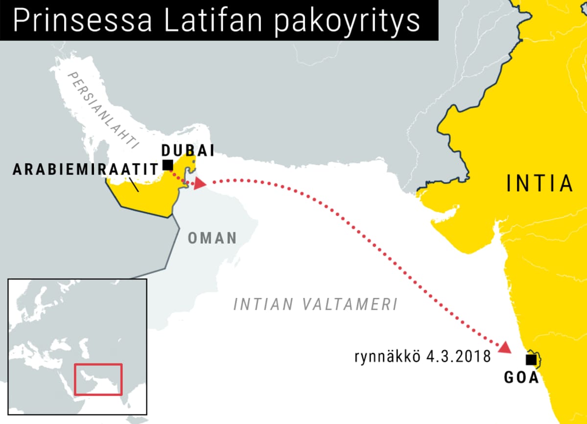 Kartta, jossa Arabiemiraatit, Oman, Intia, Intian valtamerta