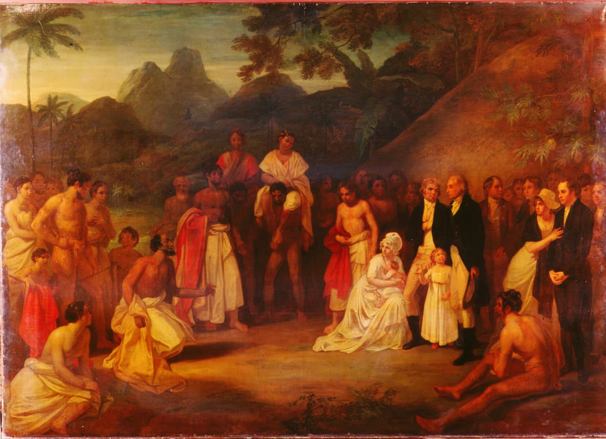 Brittitaiteilja Robert Smirken maalaus The Cession of Matavai in Tahiti to Captain James Wilson (1799) esittää Tahitin kuninkaan tapaamista vuonna 1797 lähetyssaarnaajien kanssa. Peter Hagersteinia esittävä valkeahiuksinen hahmo keskellä.