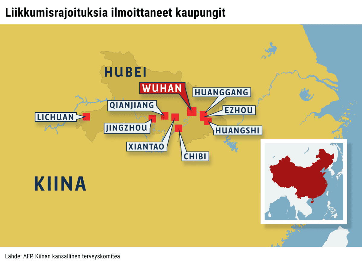Kartta liikkumisrajoituksista ilmoittaneista kaupungeista Hubein maakunnassa. Kaupunkeja ovat muun muassa Wuhan, Jingzhou, Huangshi, Qianjiang, Xiantao, Chibi, Ezhou, Huanggang ja Lichuan. Kartan lähde: AFP, Kiinan kansallinen terveyskomitea