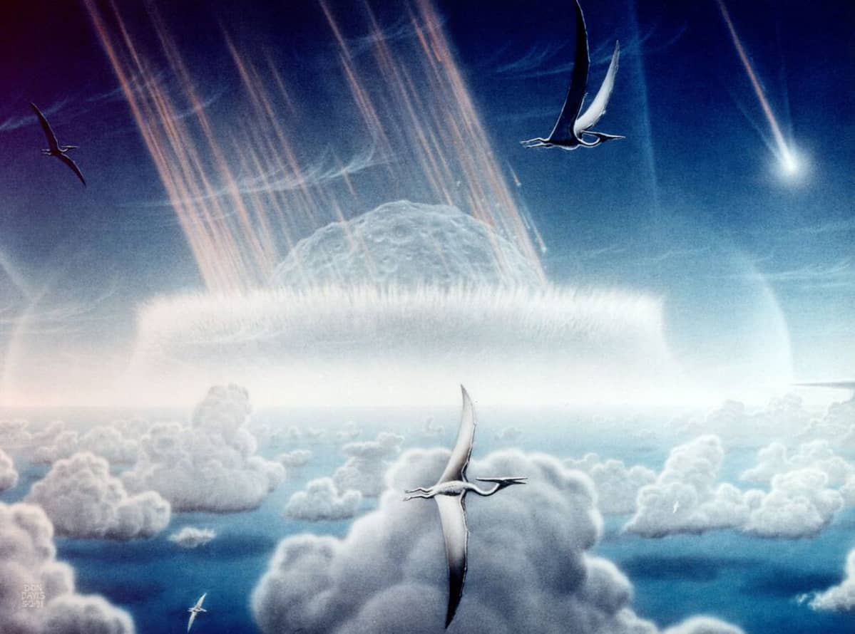 Piirroskuva asteroidista putoamassa pilvien läpi. Taivaalla lentää lentoliskoja.