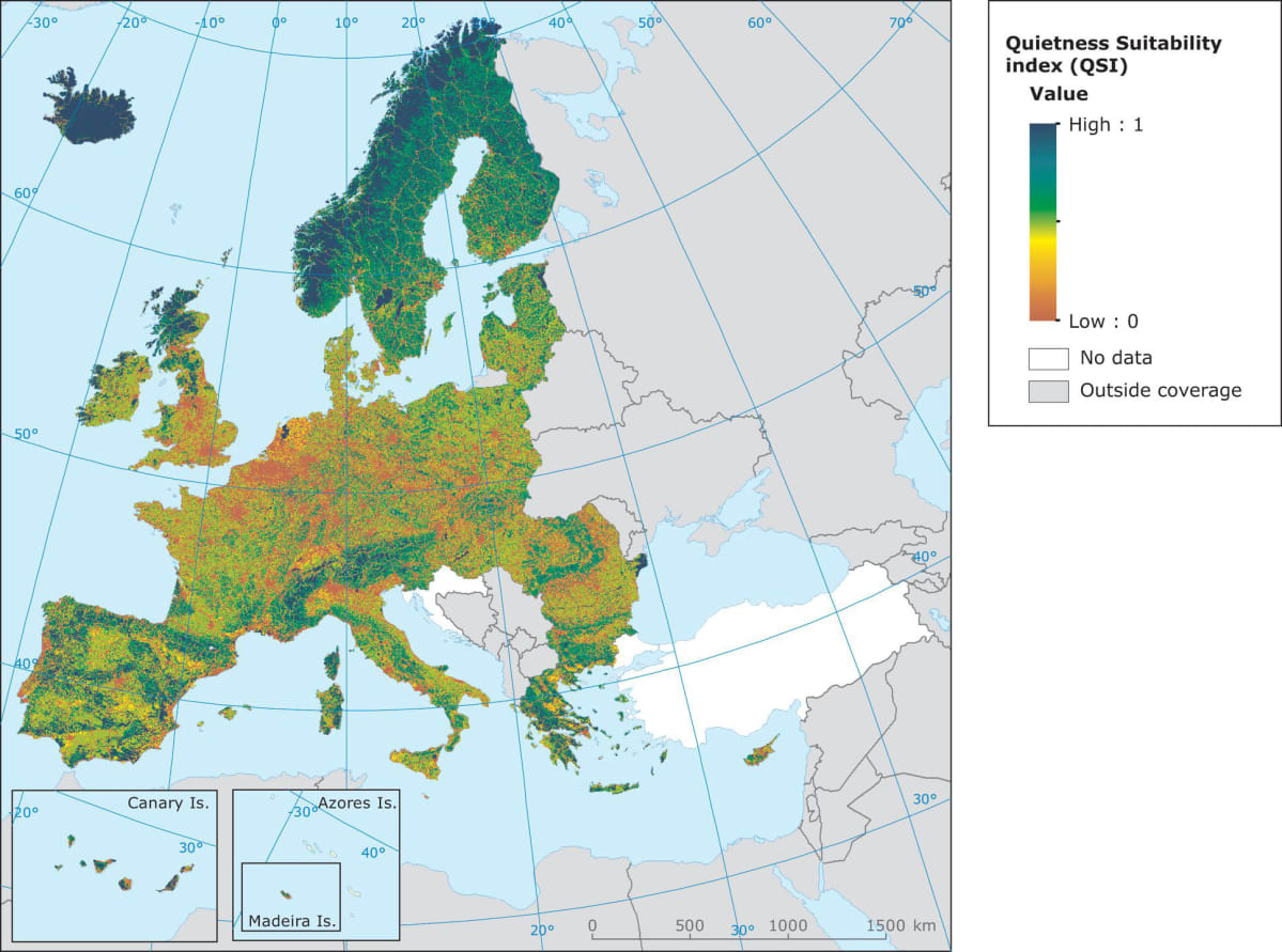 Hiljaisuusindeksi Euroopan kartalla