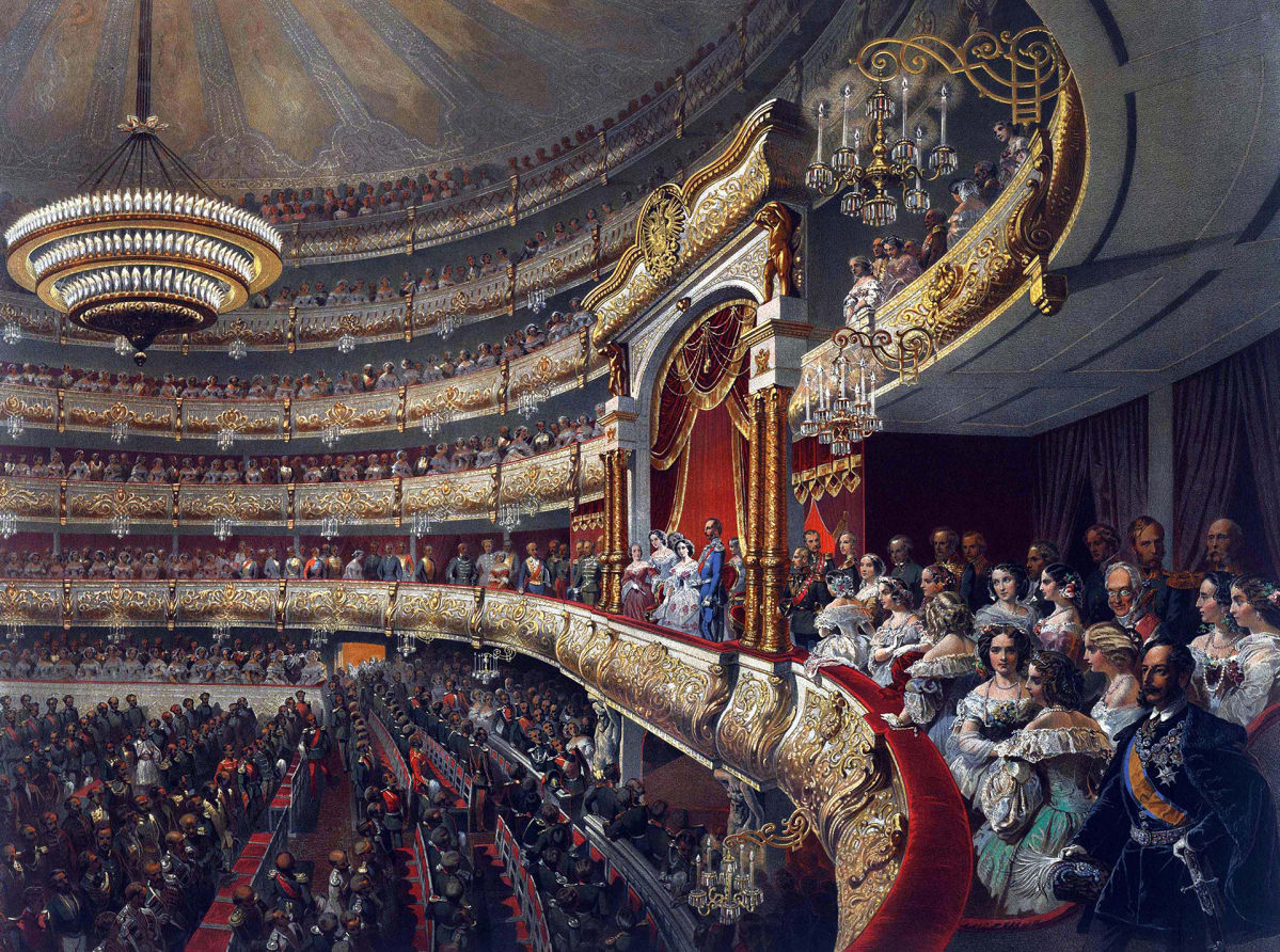 Tsaari Aleksanteri II Bolshoi-teatterissa vuonna 1856, Mihaly Zichyn maalaus.