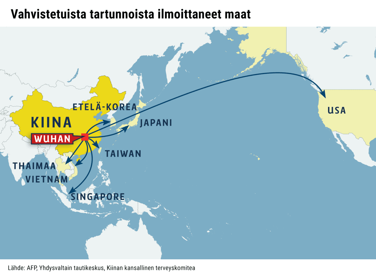 Kartta vahvistetuista tartuntoja ilmoittaneista maista. Maita ovat Kiinan lisäksi, Etelä-Korea, Japani, Taiwan, Thaimaa, Singapore, Yhdysvallat ja Vietnam. Kartan lähde: AFP, Yhdysvaltain tautikeskus, Kiinan kansallinen terveyskomitea
