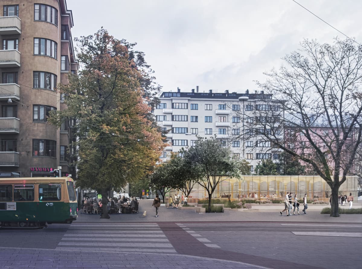 Havainnekuva ehdotuksesta Two to One Runeberginkadun suunnalta katsottuna.
