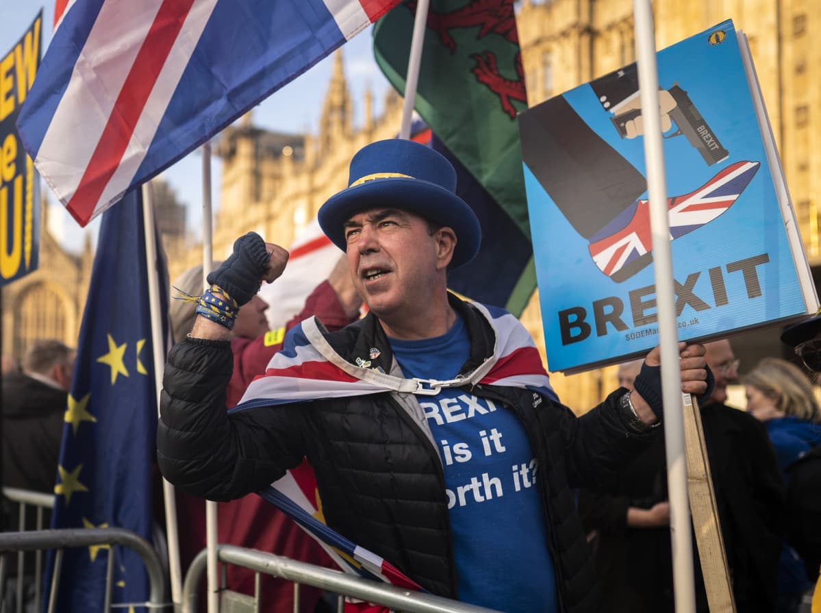 Brexitin vastustaja lippuineen ja kyltteineen.
