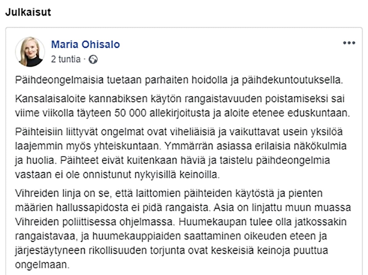 Maria Ohisalon Facebook-päivitys 30.10.2019.