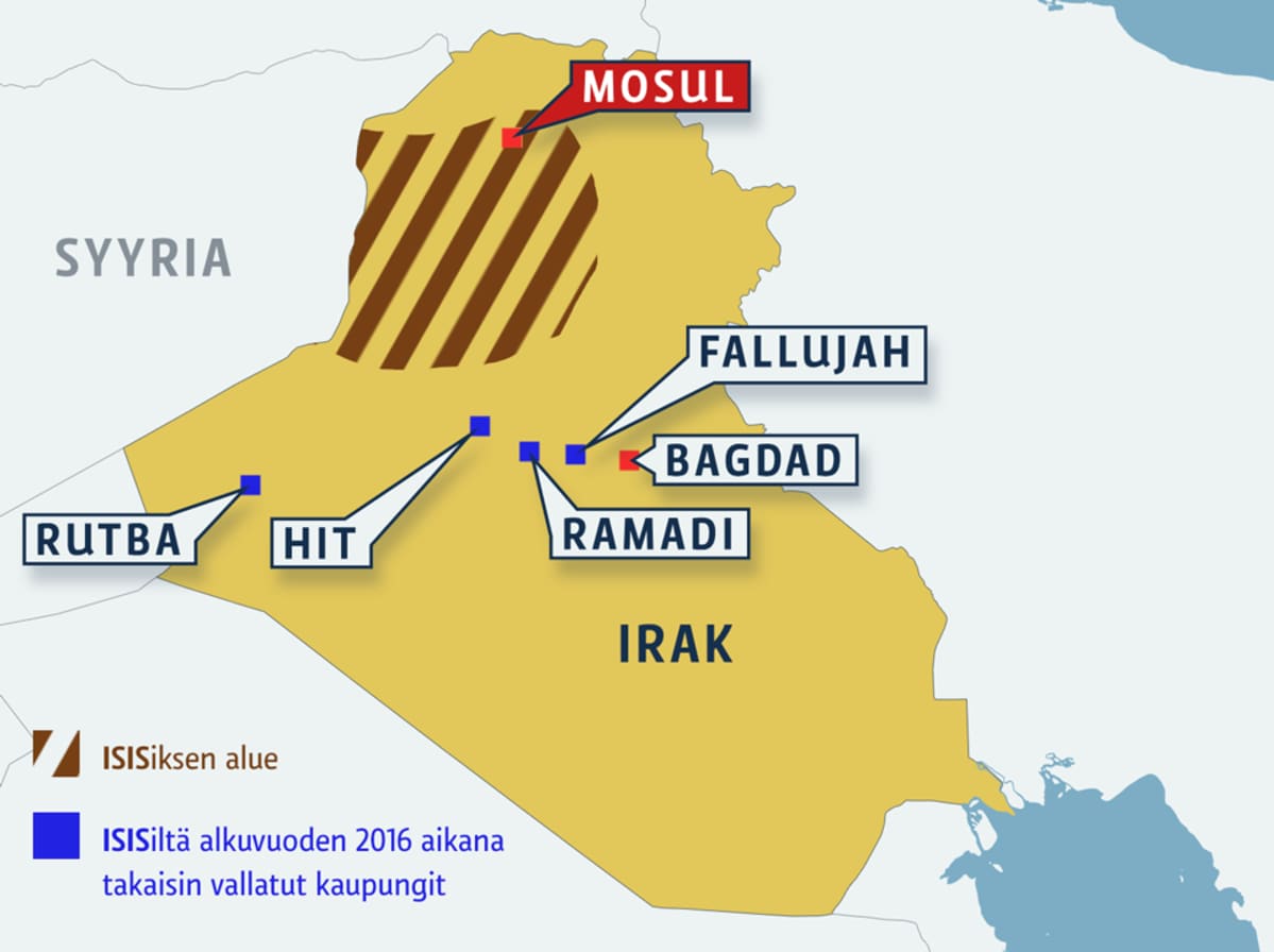 Irakin kartta, jossa merkittynä on ISISin alue sekä kaupungit Mosul, Rutba, Hit, Ramadi ja Fallujah pääkaupunki Bagdadin ohella.