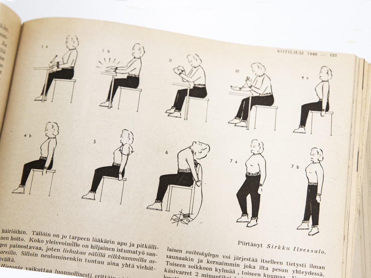 Talvisodan aikana julkaistu Kotilieden artikkeli, jossa naisia opastetaan jumppaamaan työkyvyn ylläpitämiseksi.