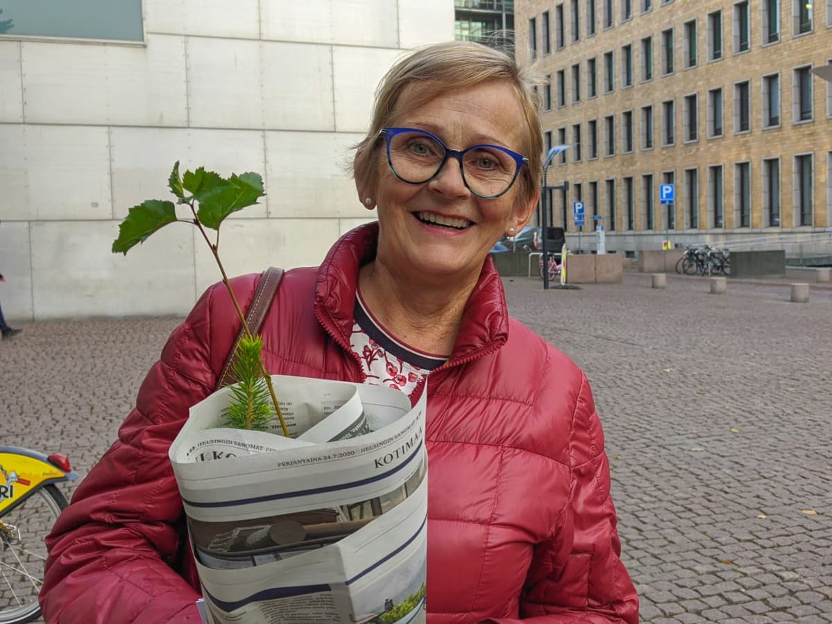 Anita Ventelä sylissään kuusen, männyn ja koivun taimet.