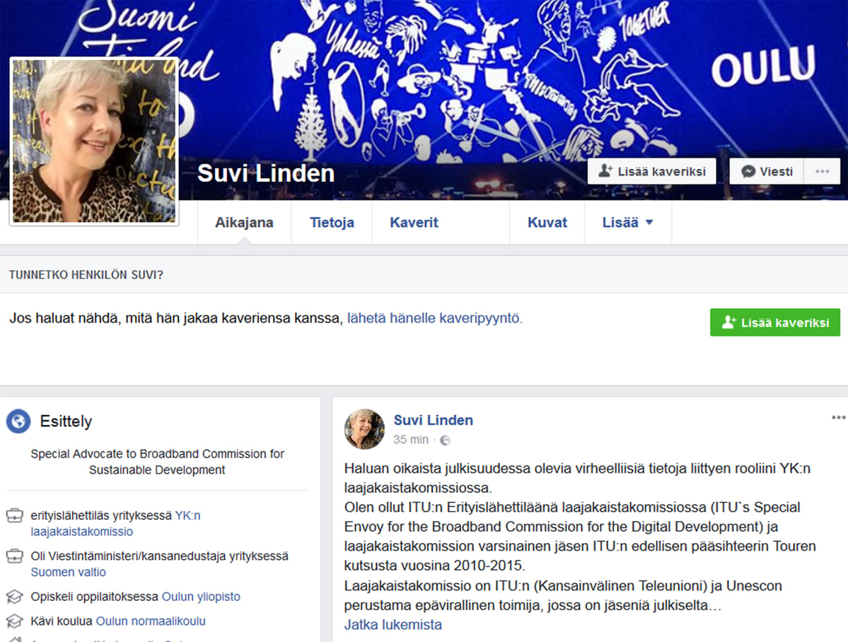 Kuvakaappaus Suvi Lindenin Facebook -sivulta.
