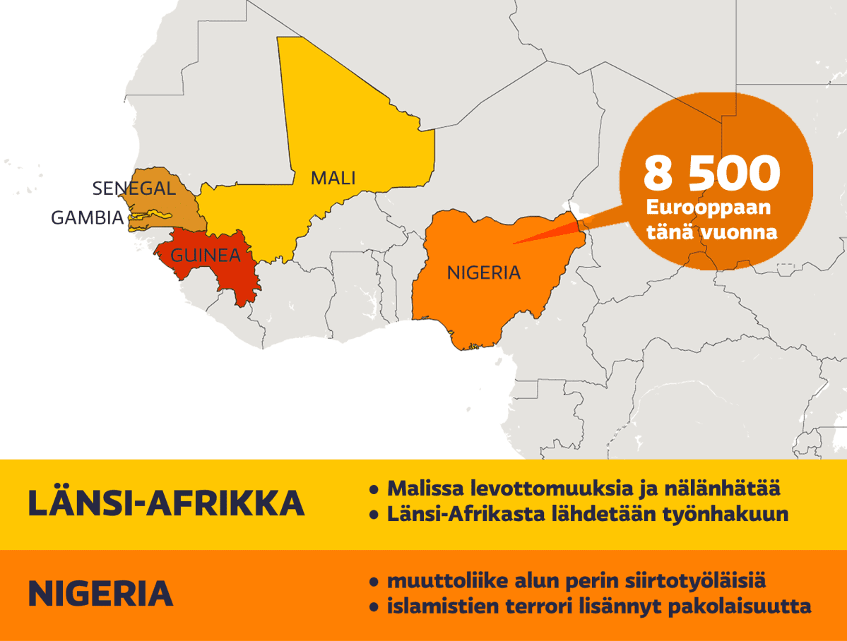 Kartta Länsi-Afrikan pakolaistilanteesta.
