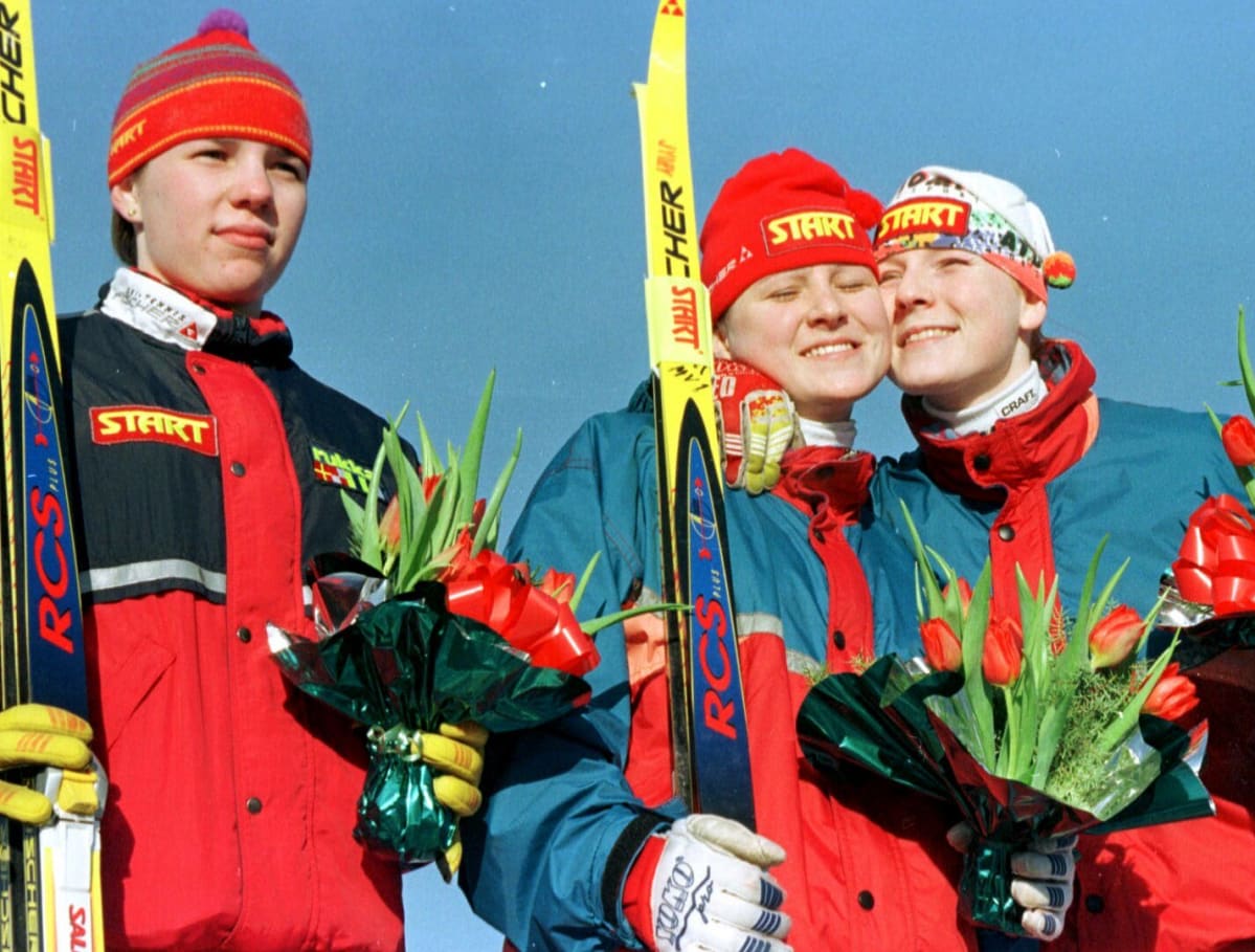 Aino-Kaisa Saarinen nuorten SM-hiihdoissa vuonna 1997