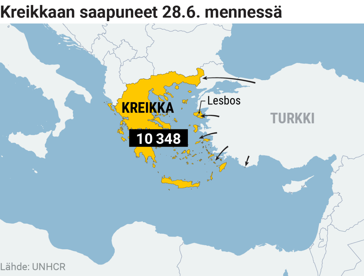 Infokartta Kreikkaa saapuneista.
