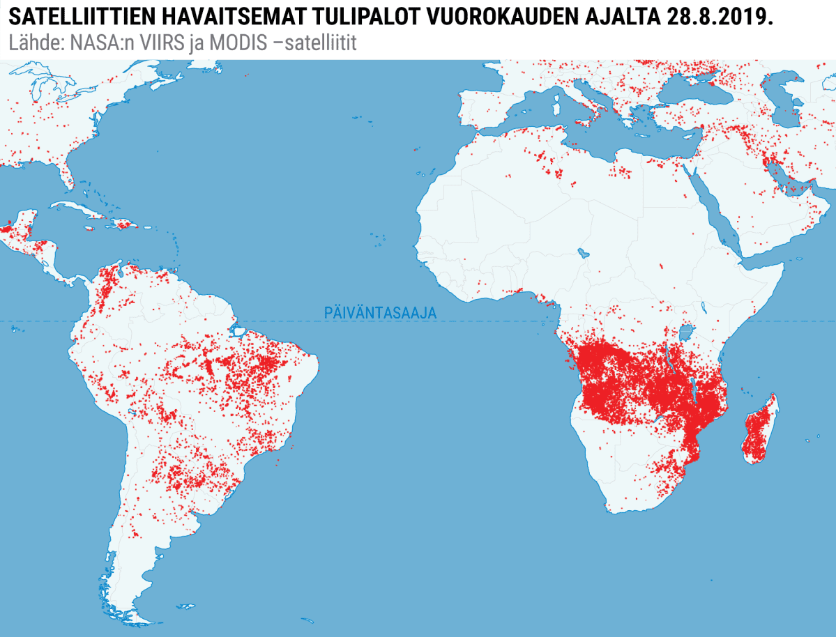 Karttagrafiikka tulipaloista Etelä-Amerikassa ja Afrikassa.