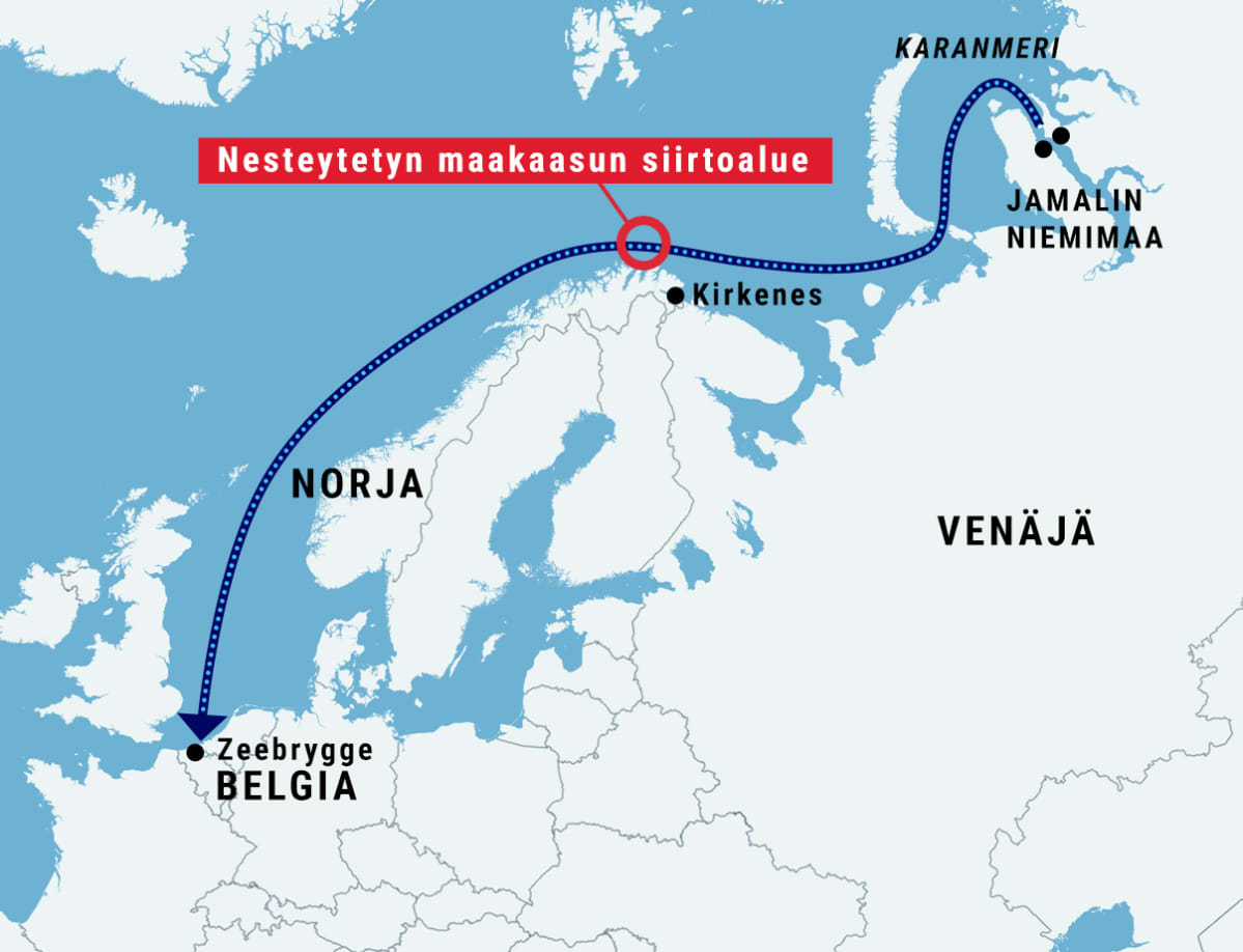 Maakaasukuljetusten reitti Jamalin niemimaalta Venäjältä Belgiaan