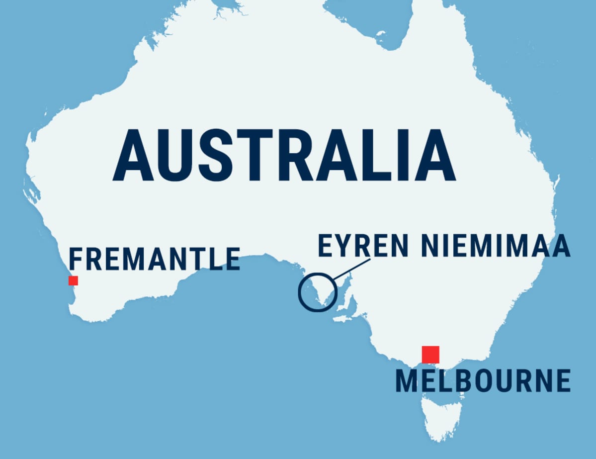 Australian kartta, jossa Fremantle, Melbourne ja Eyren niemimaa