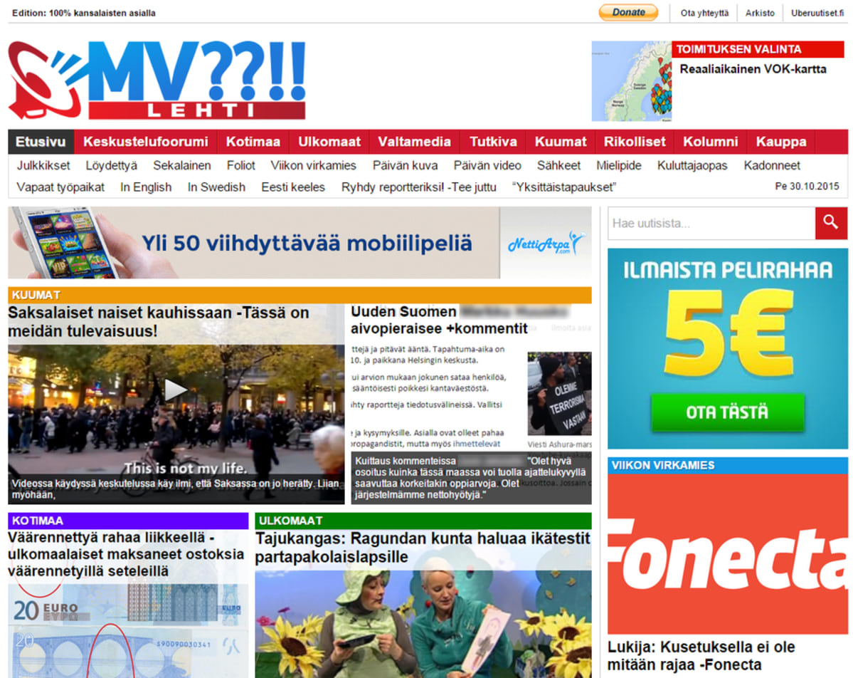 Kuvakaappaus MV-lehden etusivulta.
