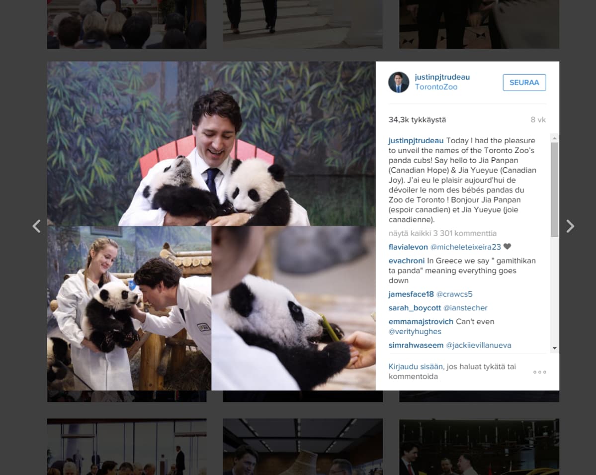 Kuvakaappaus Justin Trudeaun Instagram-tilistä, kuvissa Trudeau hellii ja ruokkii pandoja.