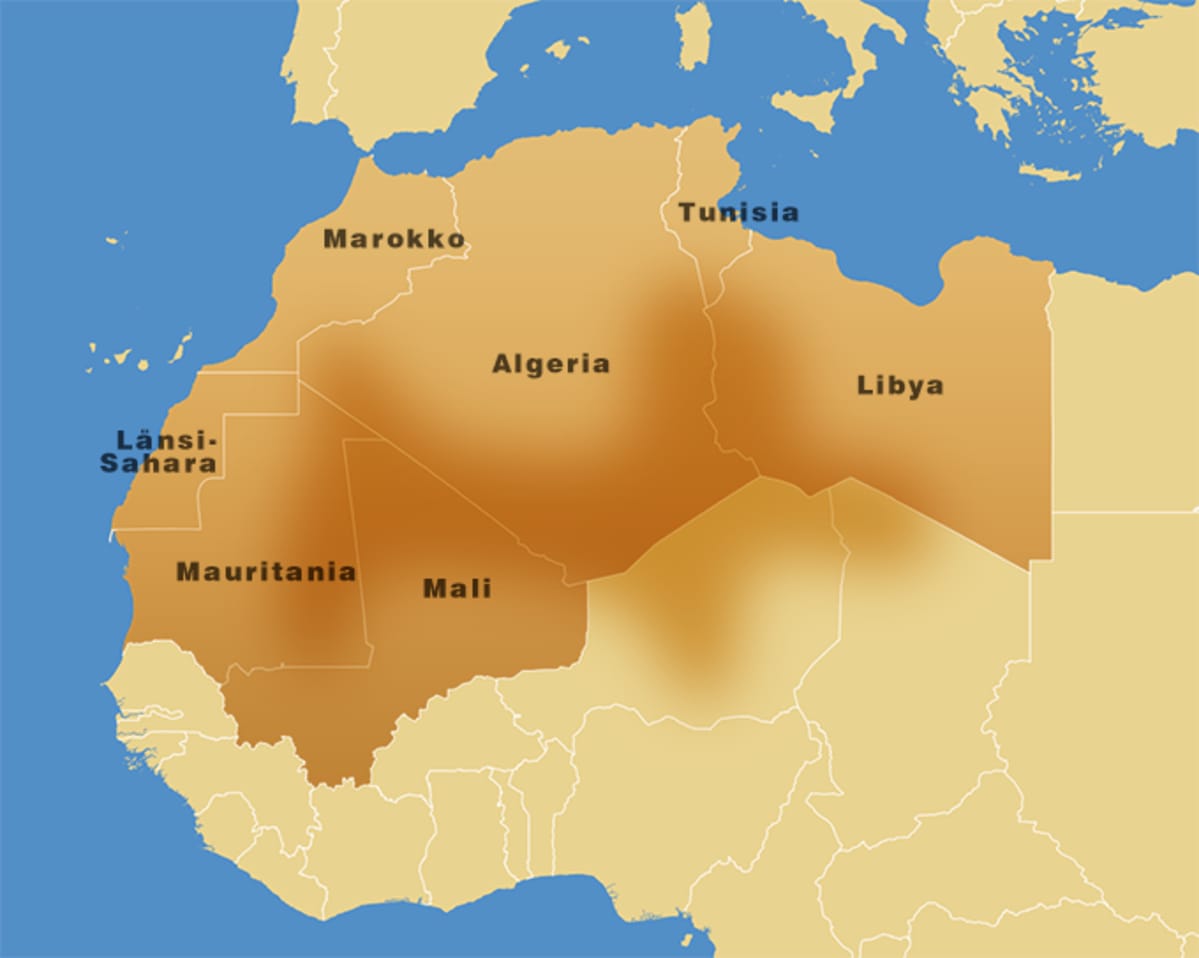 Maghrebin alueen maat Pohjois-Afrikassa ja järjestäytyneen rikollisuuden alue tummemmalla.