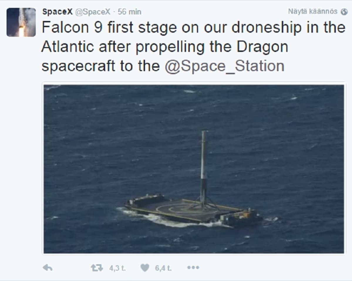 SpaceX riemuitsee kantorakettinsa ensimmäisen vaiheen paluusta laskeutumisalustalle