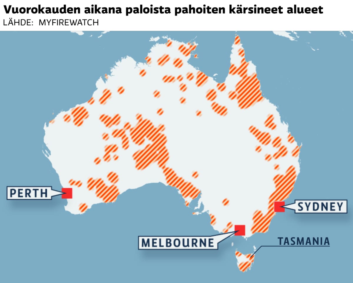Australian kartalle merkittyjä maastopaloja.