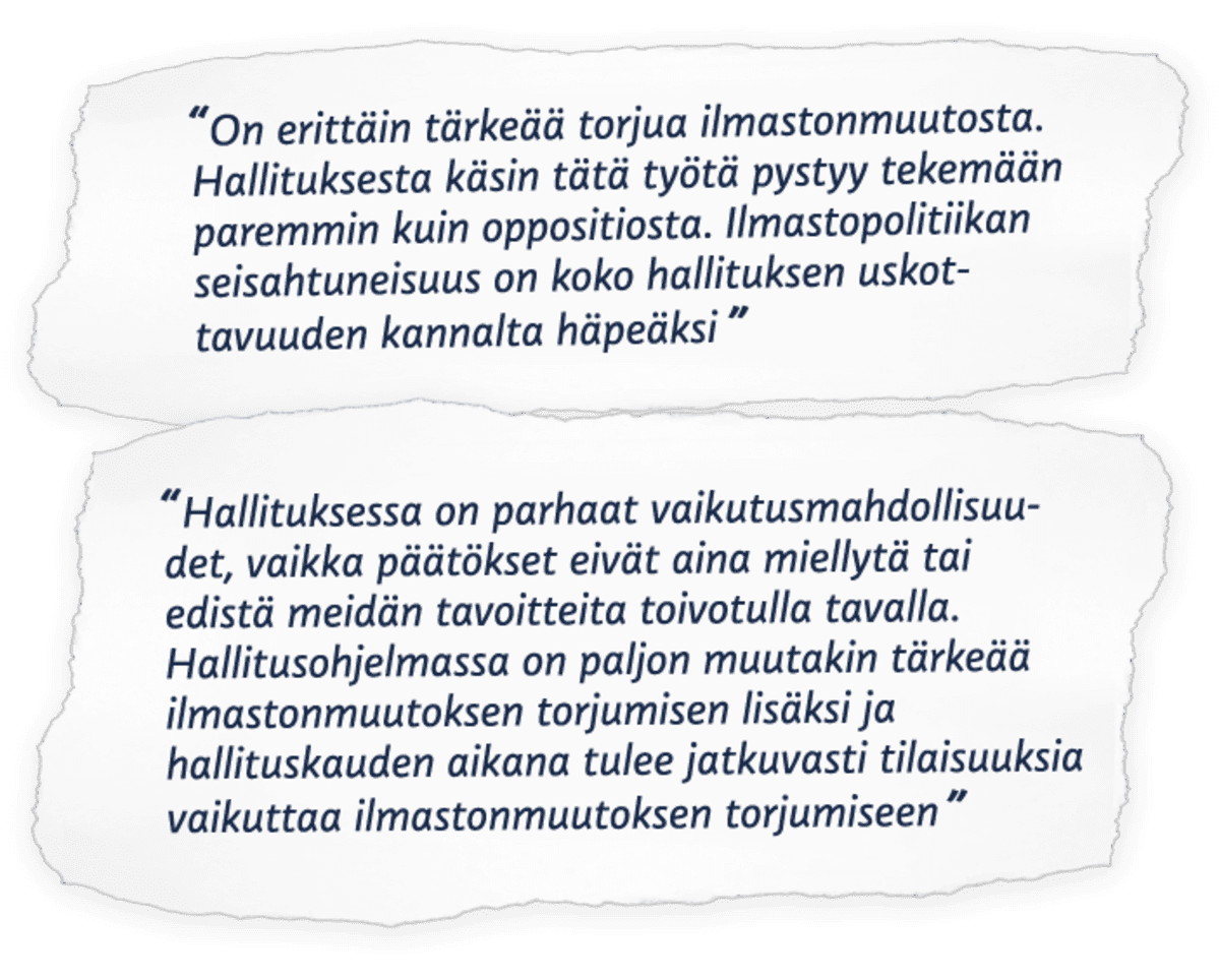 Ilmastotoimien vaikutus ja vihreiden asema hallituksessa.
