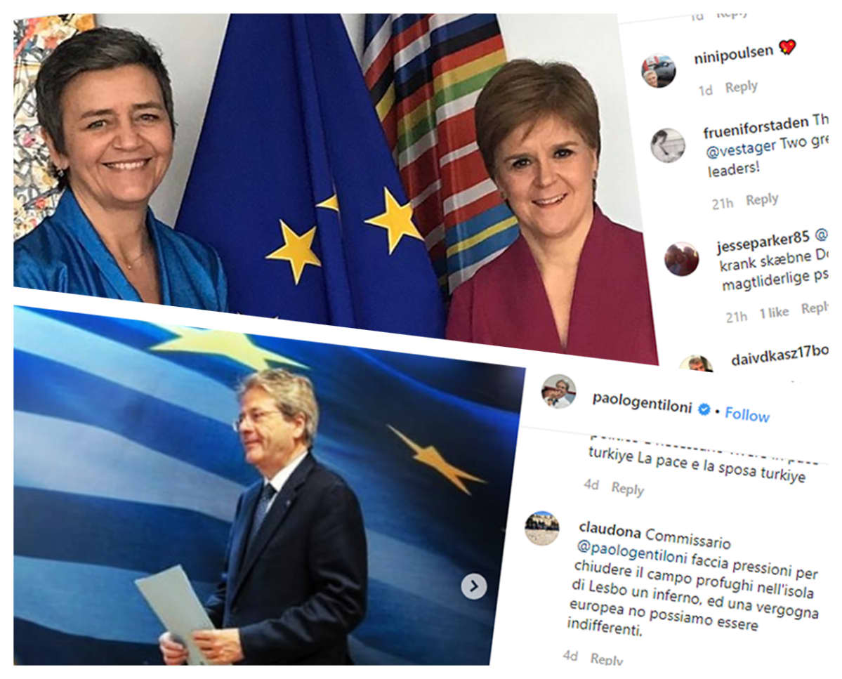 Kuvakollaasi europarlamentaarikoiden vestagerin ja paologentilonin Instagram-päivityksistä.