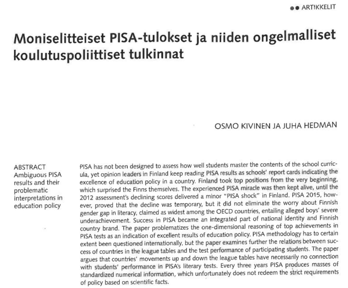 Kuva PISA-tuloksia arvioivasta artikkelista