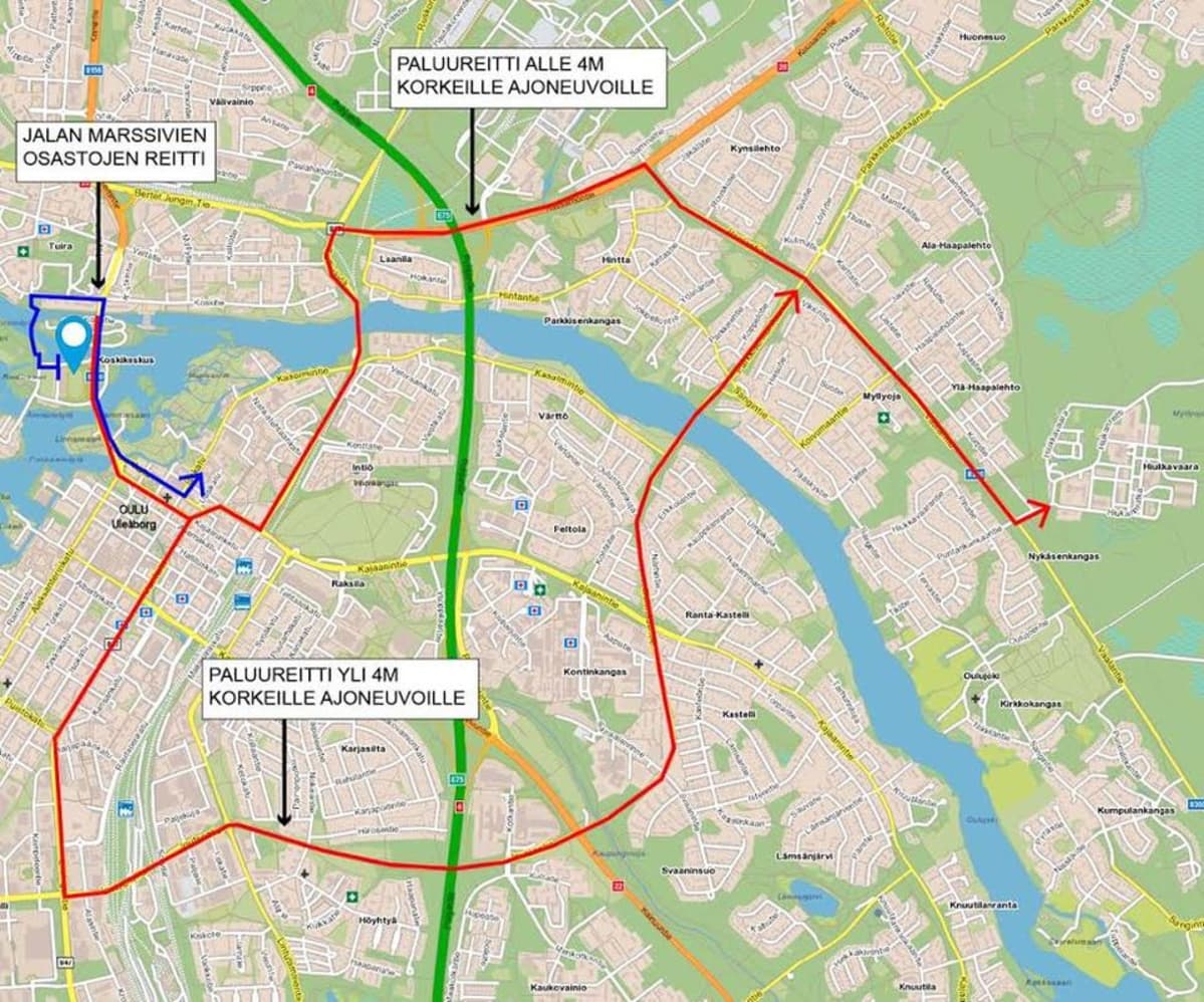 Puolustusvoimain lippujuhlaparaati vaikuttaa Oulun liikenteeseen 4. kesäkuuta 2015.