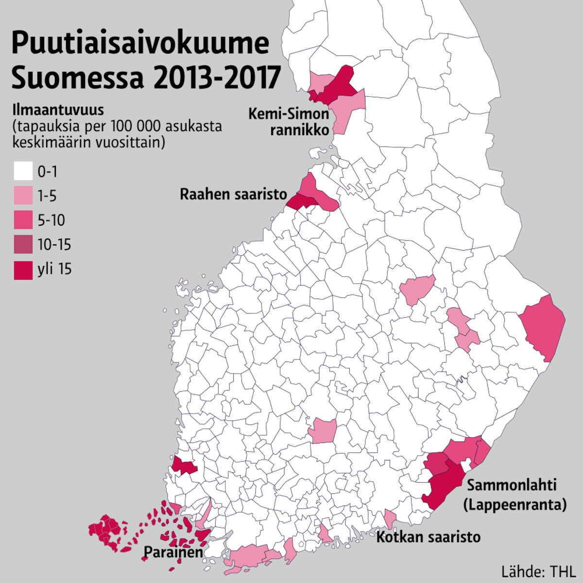 Puutiaisaivokuume Suomessa 2013-2017 -grafiikka.