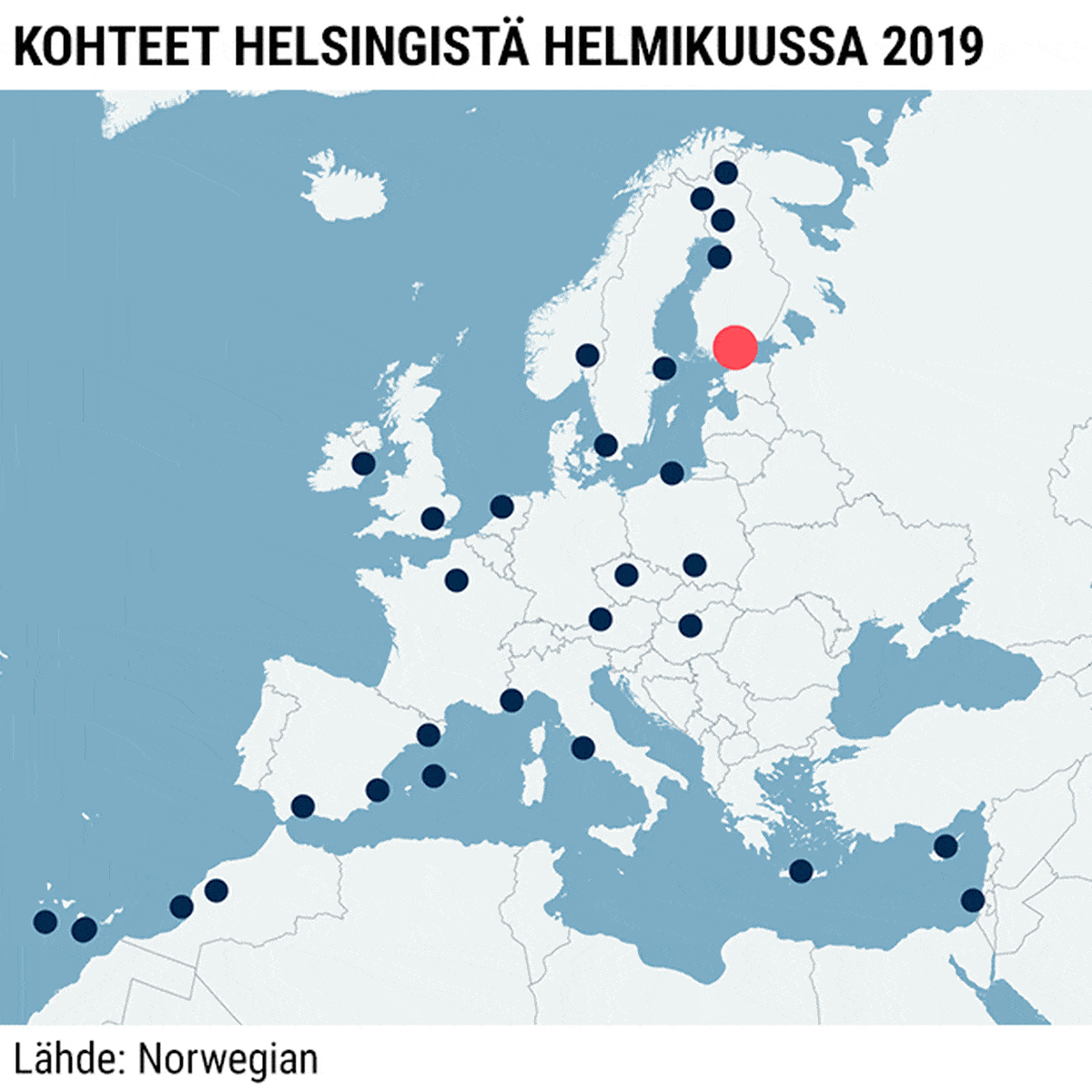 Grafiikka-animaatio, jossa näytetään kuinka monta suoraa lentoa Norwegian lentää Helsingistä helmikuussa 2019