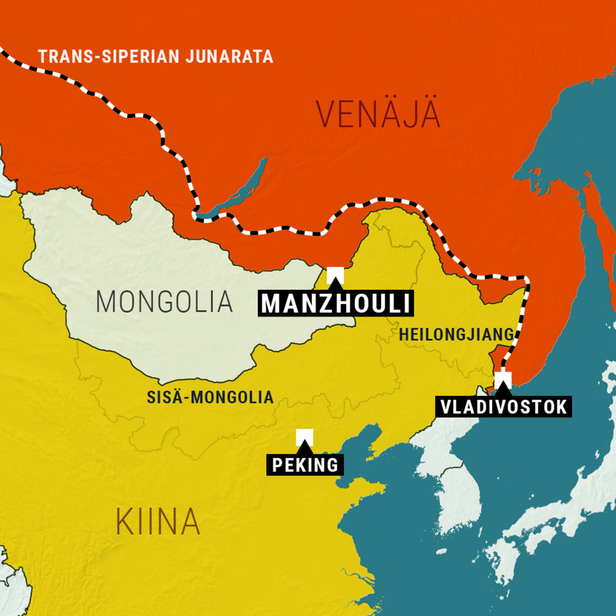 Kartta Kiinan, Mongolian ja Venäjän välisestä rajasta.