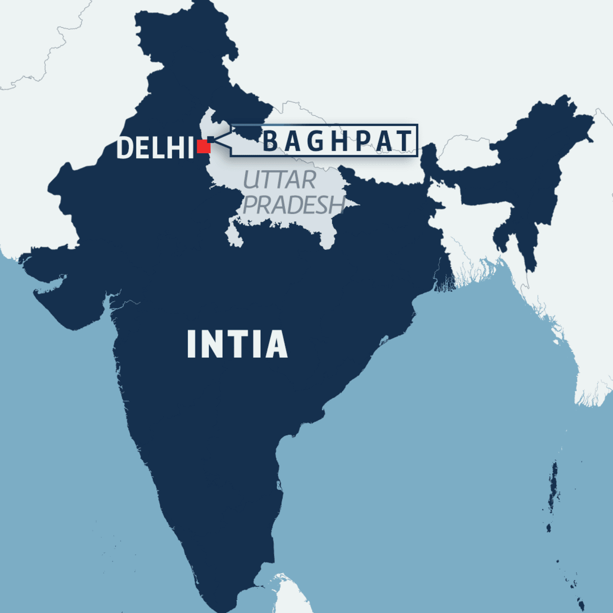 Intian kartta, jossa ovat merkittyinä Delhi, Baghpat sekä Uttar Pradeshin maakunta.