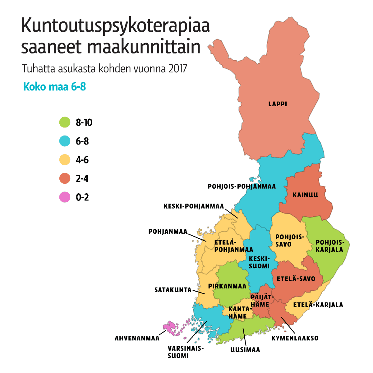 Kuntoutuspsykoterapiaa saaneet maakunnittain 2017.