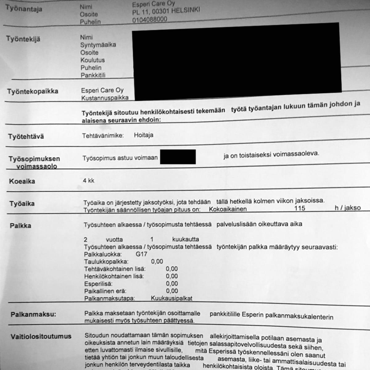 Esperi Caren työsopimus