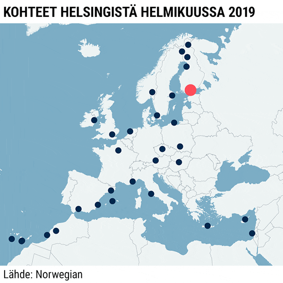 Grafiikka-animaatio, jossa näytetään kuinka monta suoraa lentoa Norwegian lentää Helsingistä helmikuussa 2019