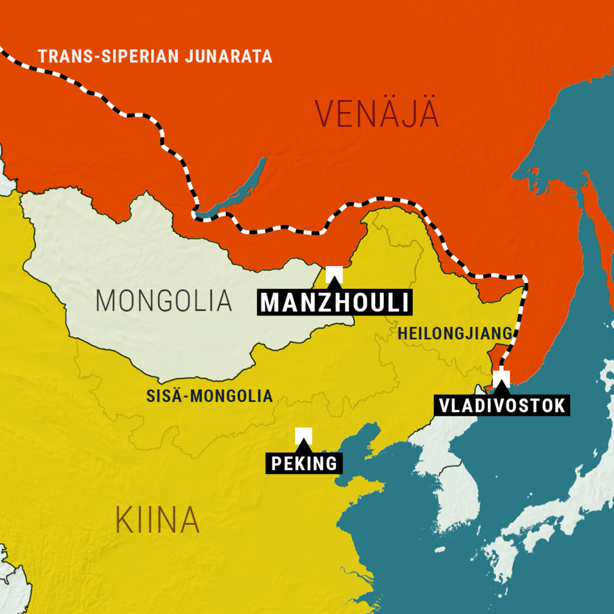 Kartta Kiinan, Mongolian ja Venäjän välisestä rajasta.