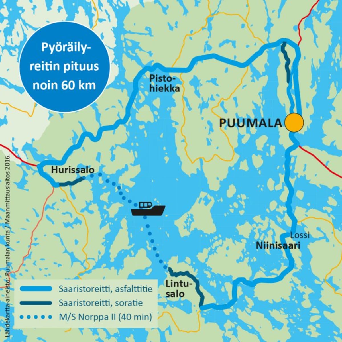 Puumalan saaristoreitin kartta. Pyöräilyreitin pituus on noin 60 kilometriä.