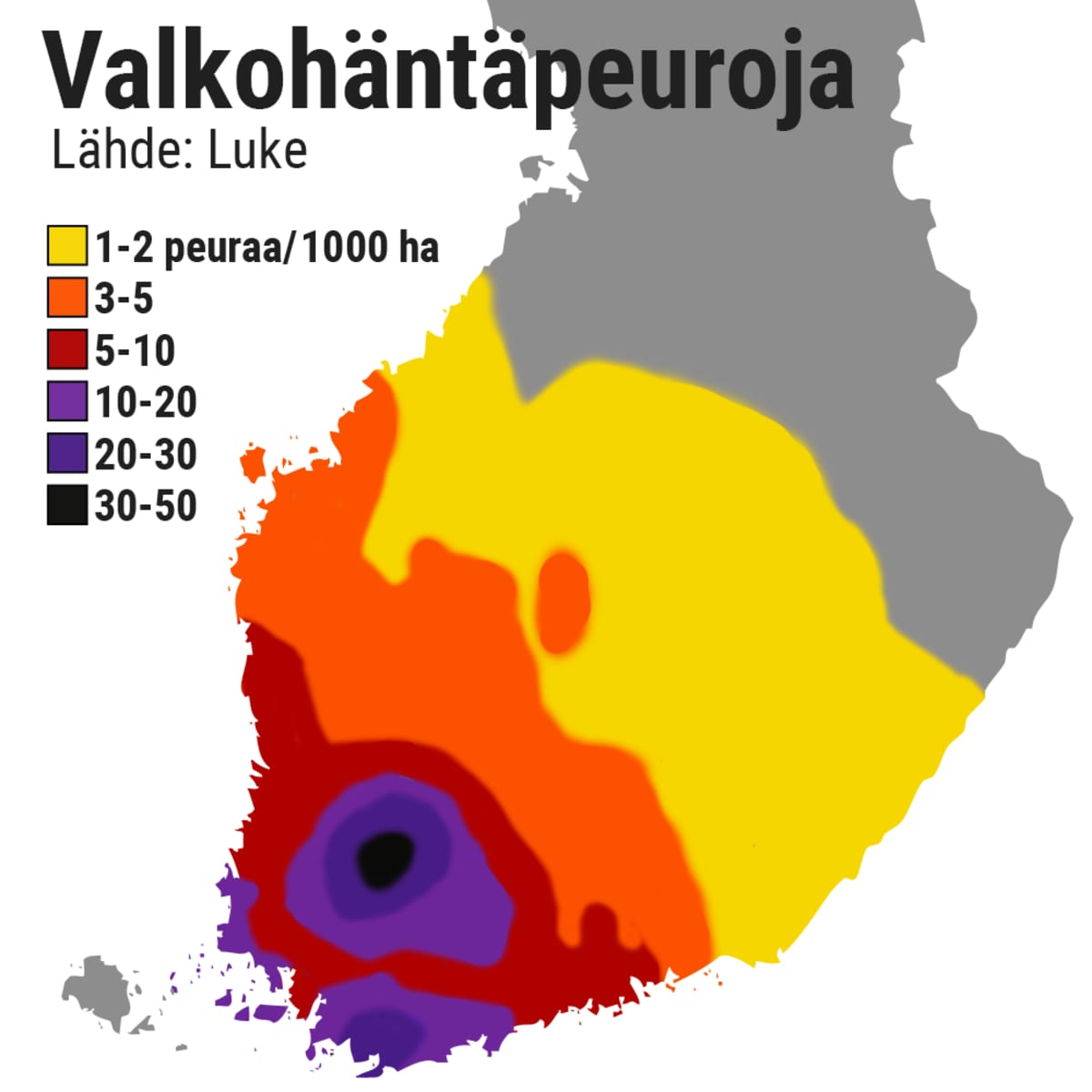 Kartta valkohäntäpeurojen levinneisyydestä.
