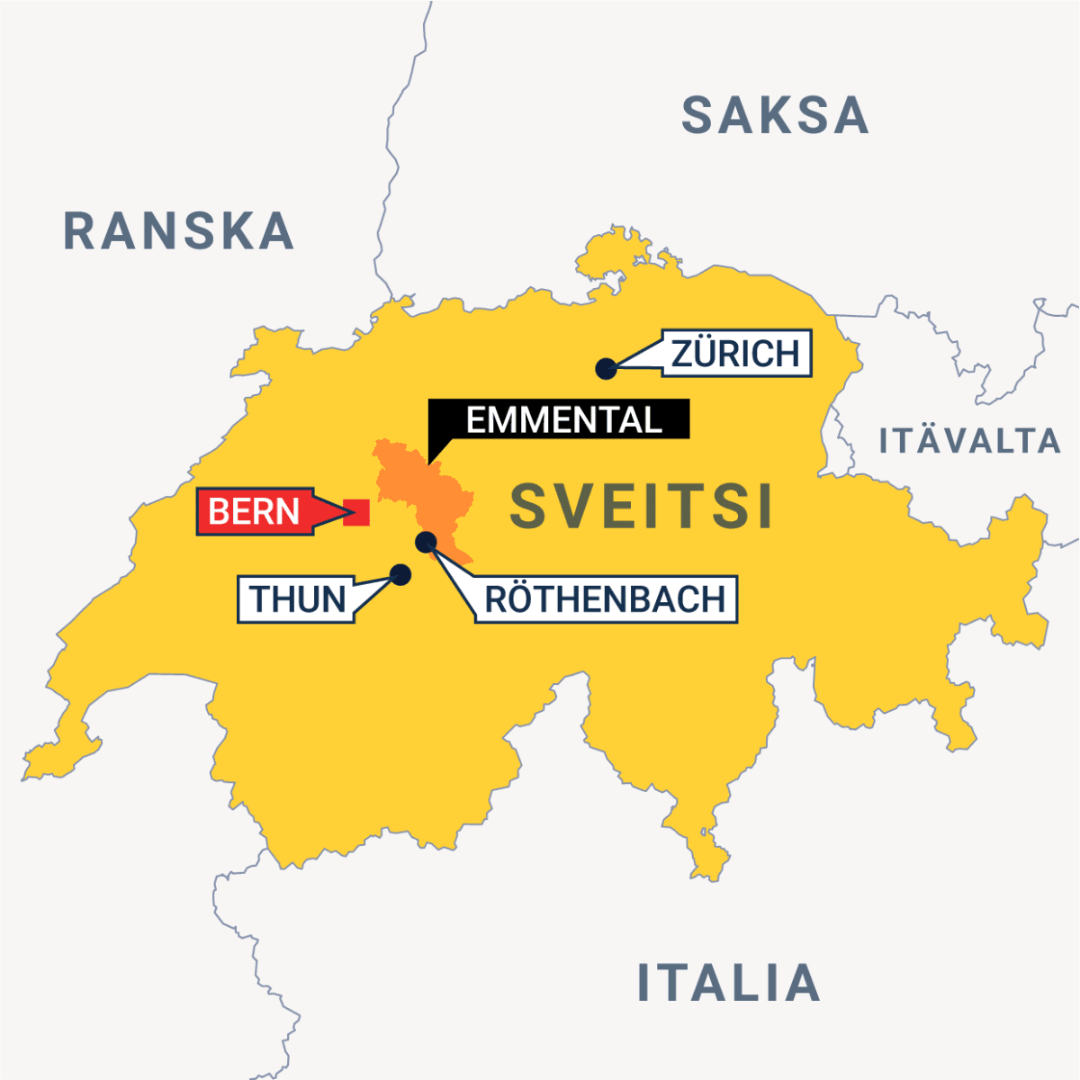 Sveitsin kartta, jossa näkyy Zürich, Bern, Thun, Röttenbach ja Emmentalin alue, sekä naapurimaat.