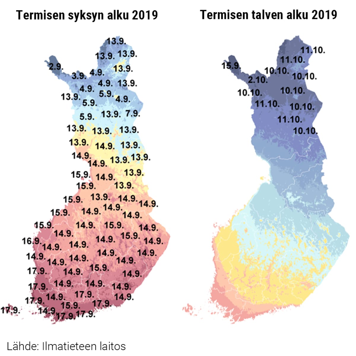 Grafiikka termisen syksyn alun ja termisen talven alun eroista