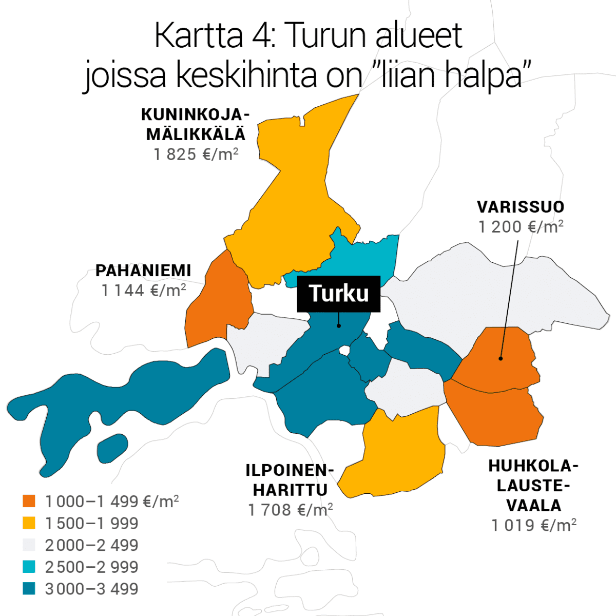 Kartta 4: Turun alueet joissa keskihinta on ”liian halpa”.