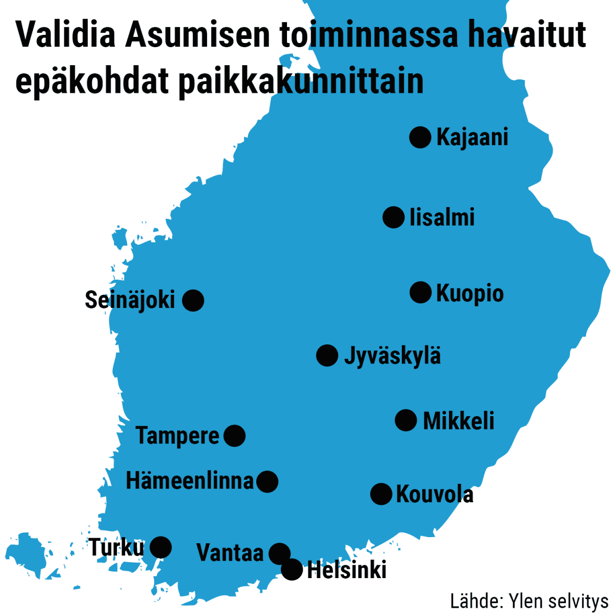 Suomen kartta, johon on merkitty paikkakunnat, joissa havaittu epäkohtia.