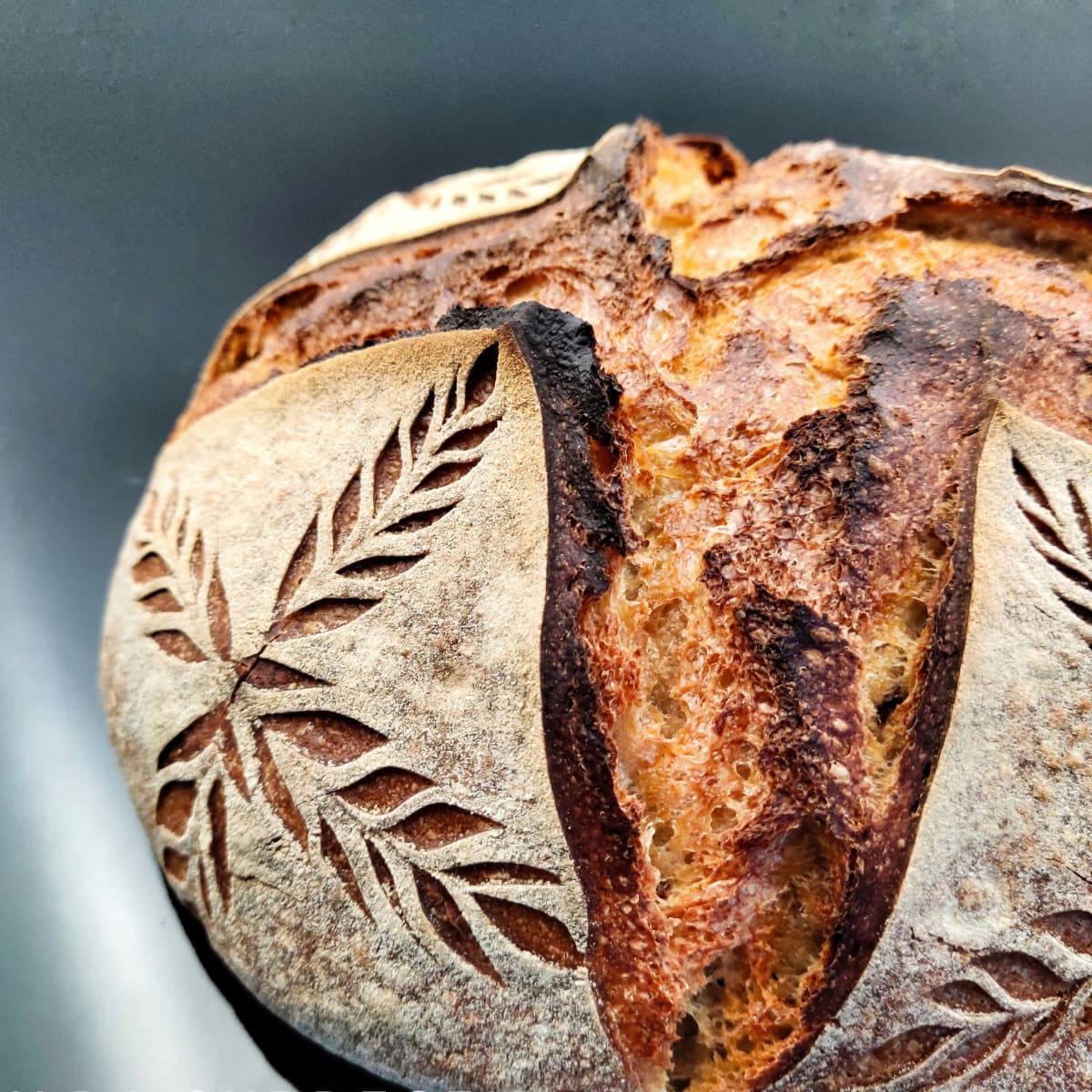 Hankolaisen Mia Nybergin leipoma ja koristelema hapanjuurileipä.