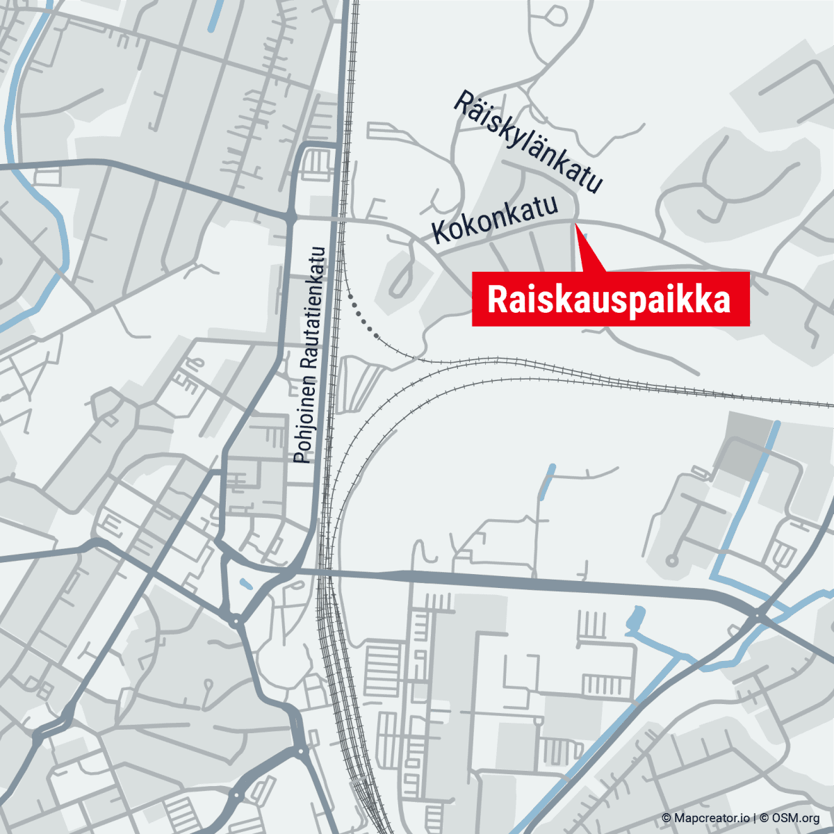Kartta raiskauspaikasta Riihimäellä. Paikka sijaitsee Kokonkadun ja Räiskylänkadun risteyksen lähellä.