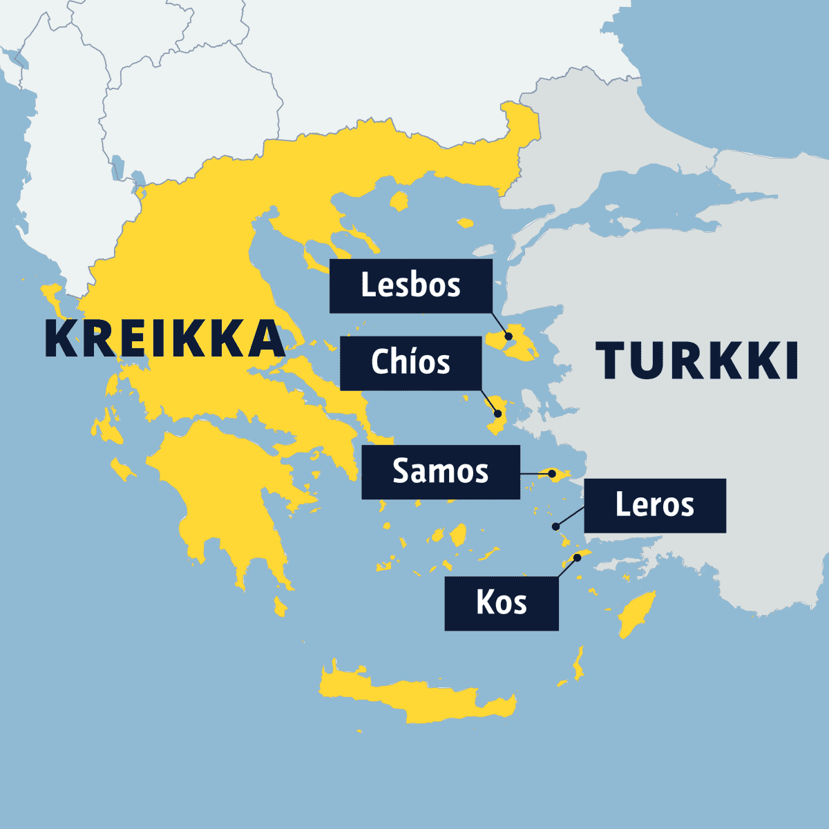 Turkin rannikon tuntumassa sijaitsevat Kreikan Lesbos-, Chíos-, Samos-, Leros- ja Kos-saaret kartalla.