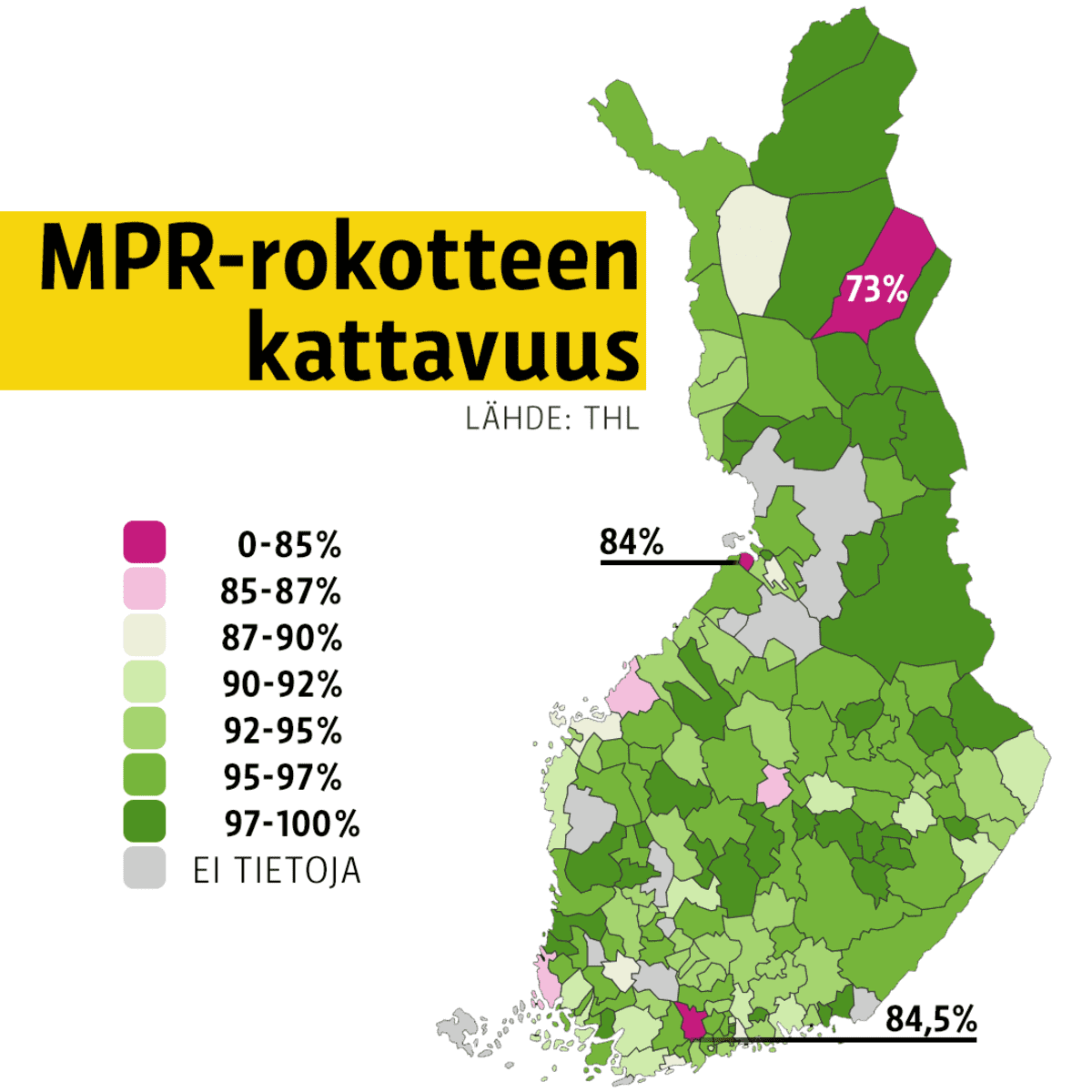 MPR-rokotteen kattavuus Suomessa, vuonna 2014 syntyneet lapset. Kattavuus on alle 85 prosenttia Pelkosenniemi-Savukoskella, Lumijoella ja Karviaisissa.