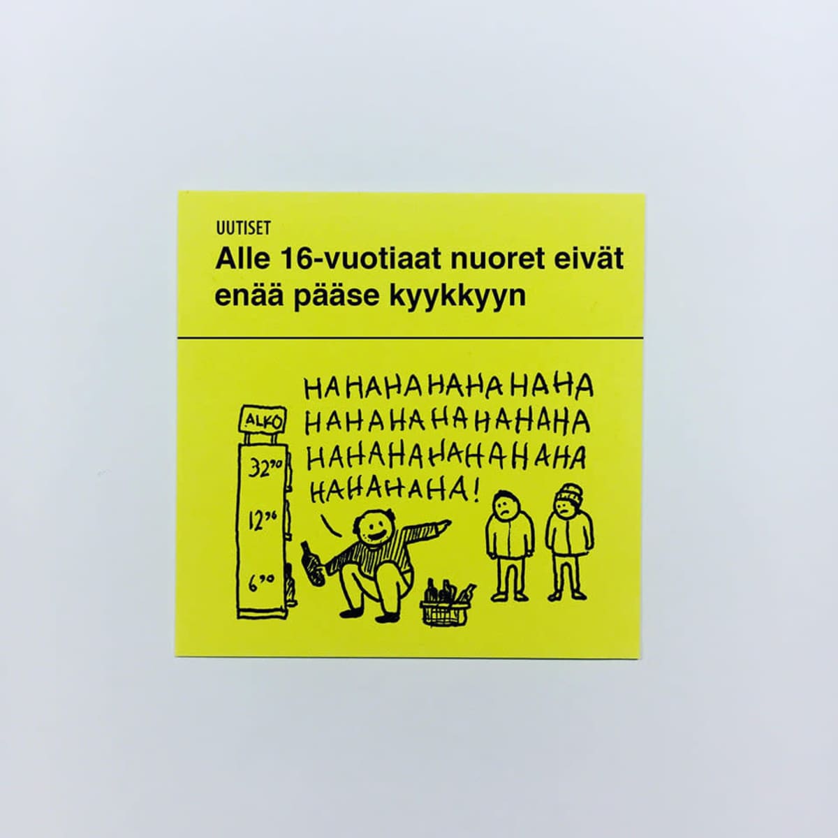 Piirros jossa mies kyykistyy alimmalle viinyhyllylle ja nauraa nuorille, jotka eivät pääse kyykkyyn.