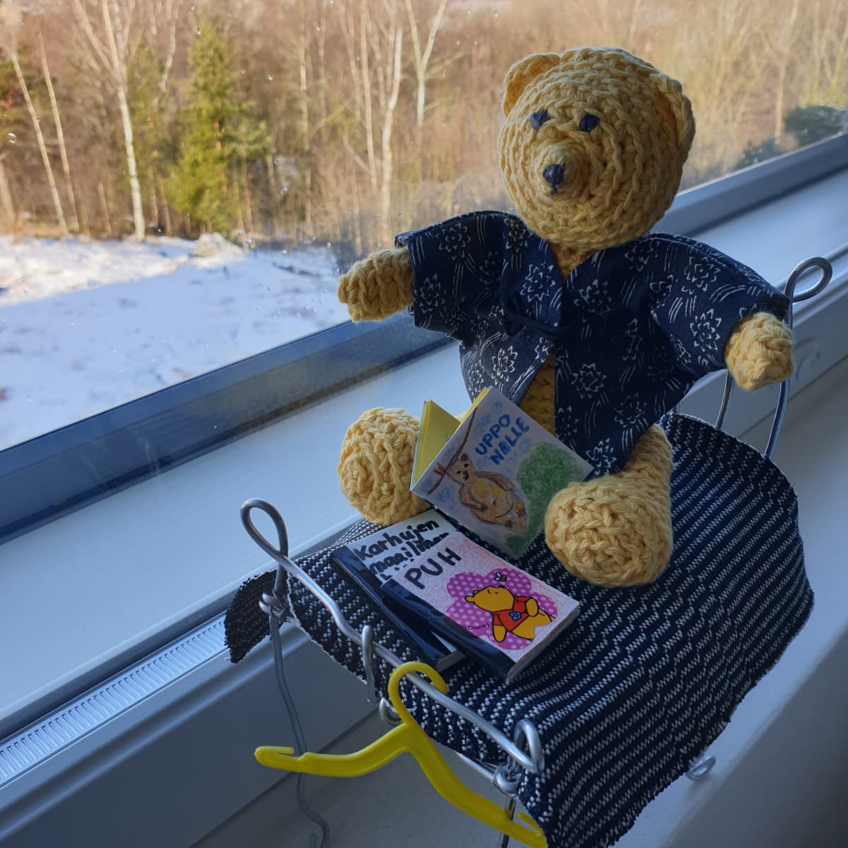 Nalle istuu ikkunanlaudalla.